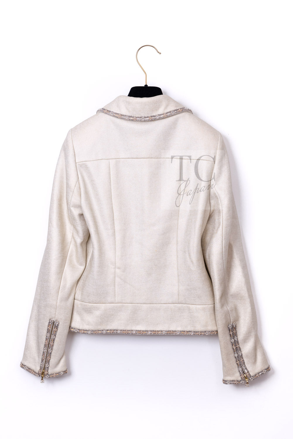 シャネル ジャケット ブルゾン CHANEL 08C アイボリー ベージュ ゴールド コットン カシミヤ ジッパー ビーズトリム 36 38
