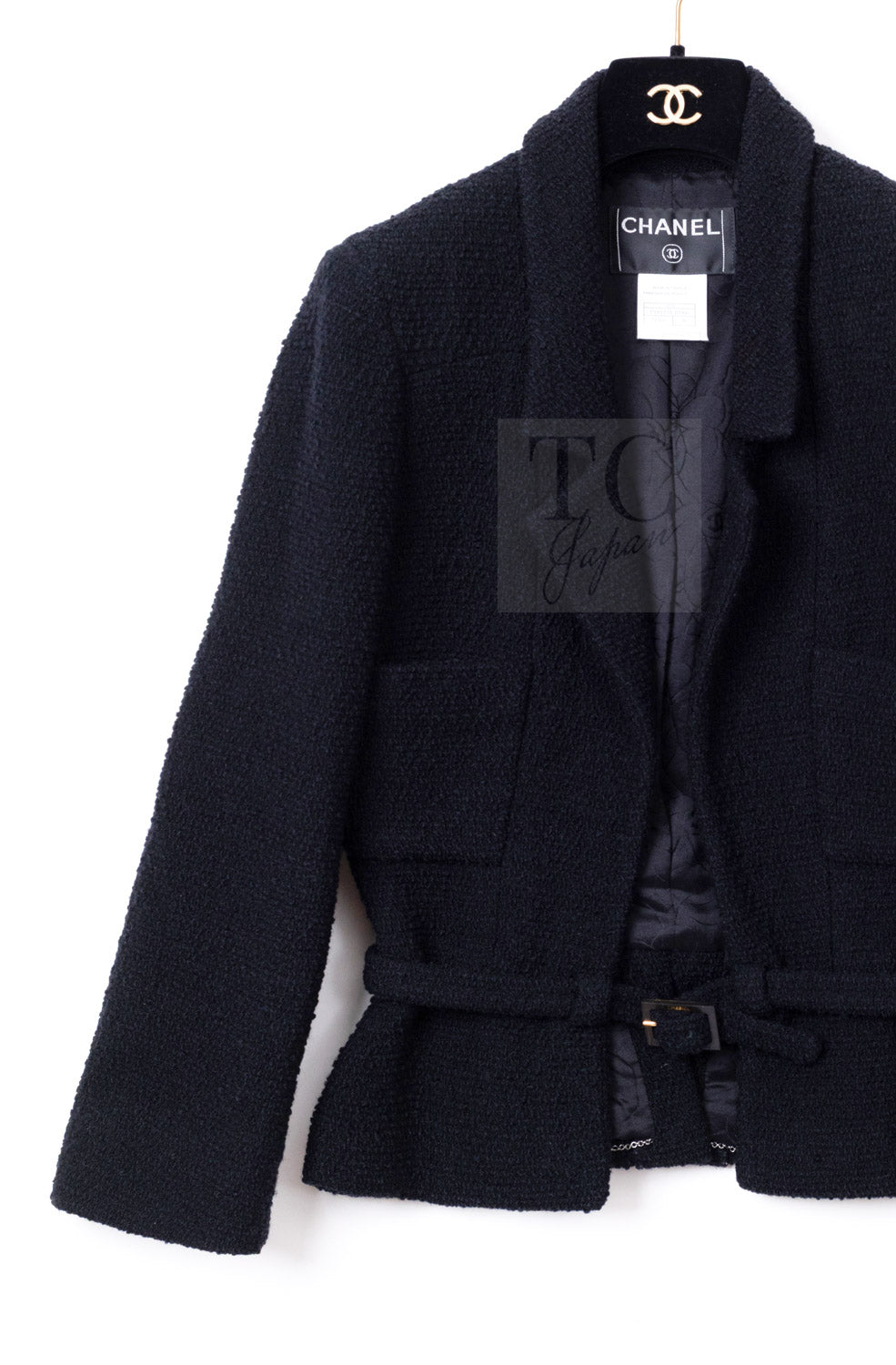シャネル ジャケット CHANEL ブラック ベルト ウール ツイード ジャケット 36