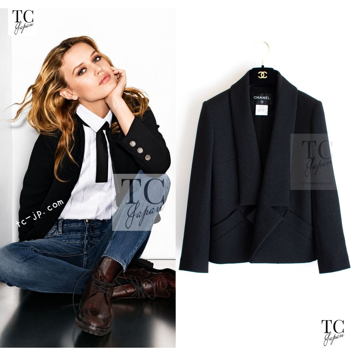 CHANEL 14B Black Metallic CC Buttons Wool Tweed Jacket 34 1