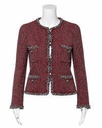 CHANEL 08A Bordeaux Wine Red Gray Collarless Wool Tweed Jacket 38 14