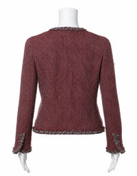 CHANEL 08A Bordeaux Wine Red Gray Collarless Wool Tweed Jacket 38 15