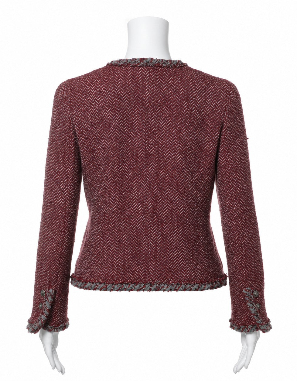 CHANEL 08A Bordeaux Wine Red Gray Collarless Wool Tweed Jacket 38 15
