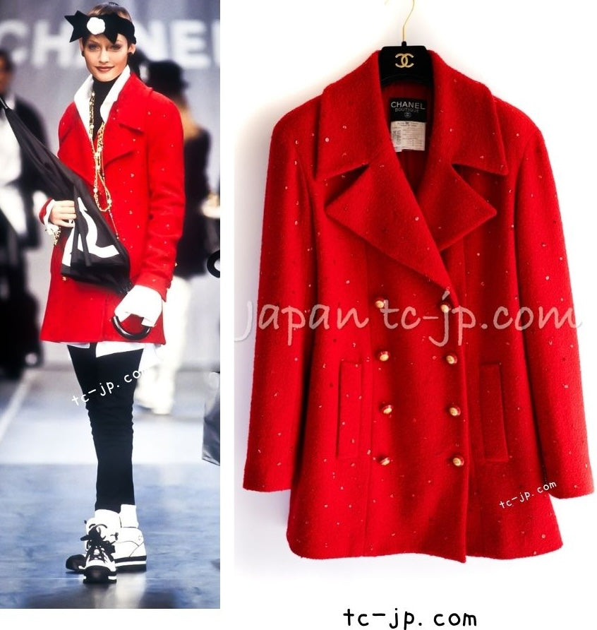 CHANEL 93A Vintage Red Sequin Wool Jacket Coat 38 40 42 シャネル ヴィンテージ レッド スパンコール ウール ジャケット コート 即発 - TC JAPAN