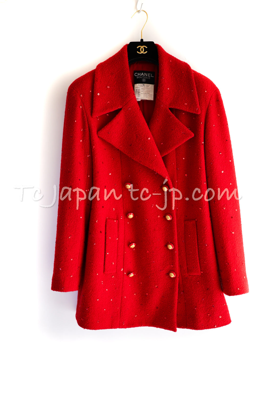 CHANEL 93A Vintage Red Sequin Wool Coat 38 40 42 シャネル  ヴィンテージ・レッド・スパンコール・ウール・コート 即発
