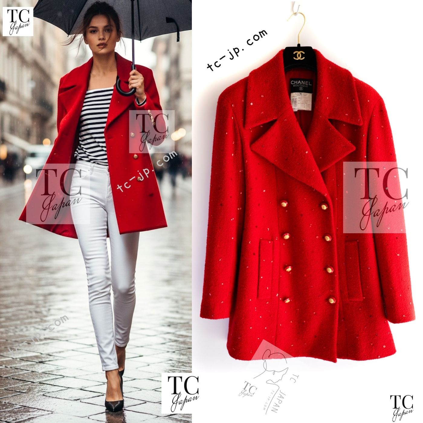 CHANEL 93A Vintage Red Sequin Wool Jacket Coat 38 40 42 シャネル ヴィンテージ レッド スパンコール ウール ジャケット コート 即発