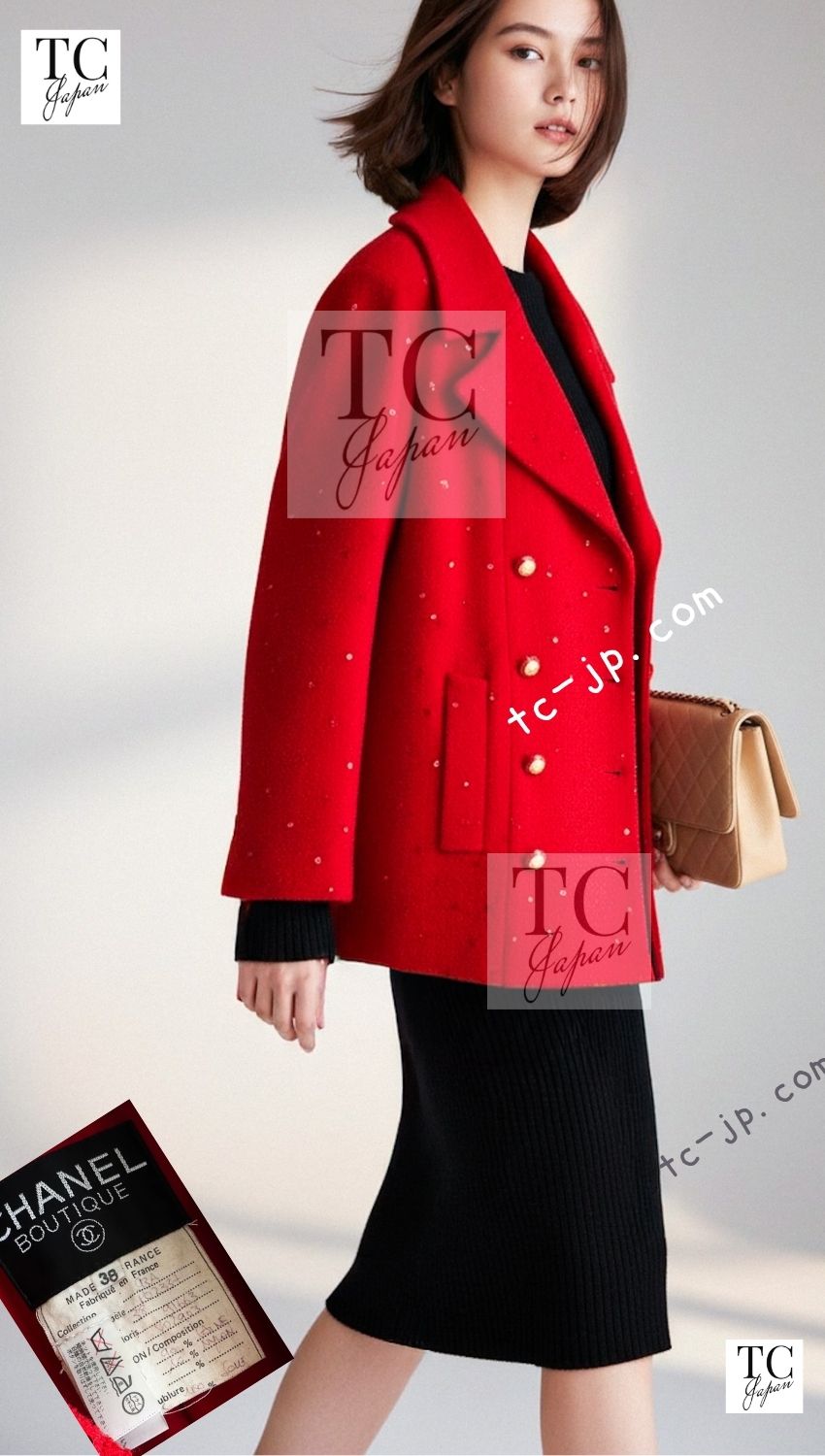 CHANEL 93A Vintage Red Sequin Wool Jacket Coat 38 40 42 シャネル ヴィンテージ レッド スパンコール ウール ジャケット コート 即発 - TC JAPAN
