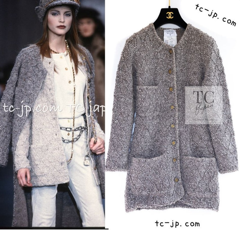 CHANEL 93A Gray Beige Wool Alpaca Silk Dress Cardigan Coat 36 38 シャネル グレー ベージュ ウール アルパカ シルク ワンピース カーディガン コート ココボタン 即発