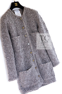 CHANEL 93A Gray Beige Wool Alpaca Silk Dress Cardigan Coat 36 38 シャネル グレー ベージュ ウール アルパカ シルク ワンピース カーディガン コート ココボタン 即発