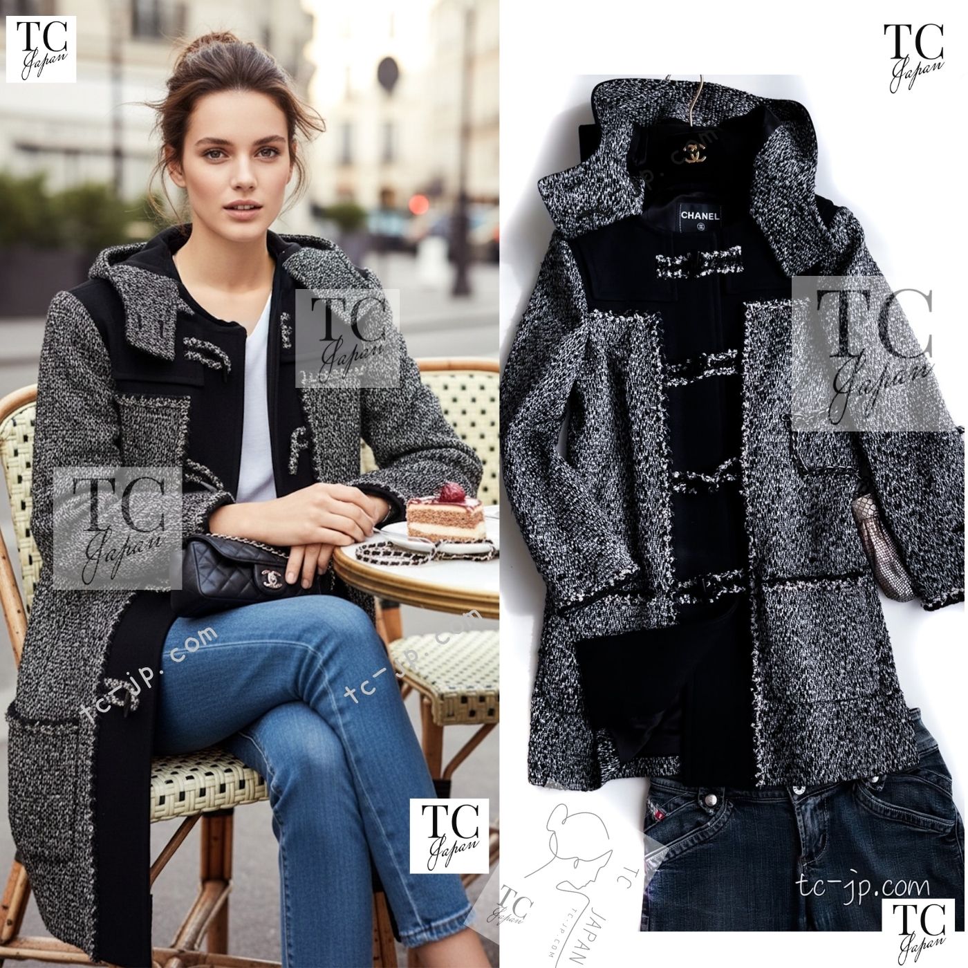 CHANEL 11A Black Gray Wool Hooded Duffle Tweed Coat 36 38 シャネル ブラック グレー ウール ダッフル フード ツイード コート 即発