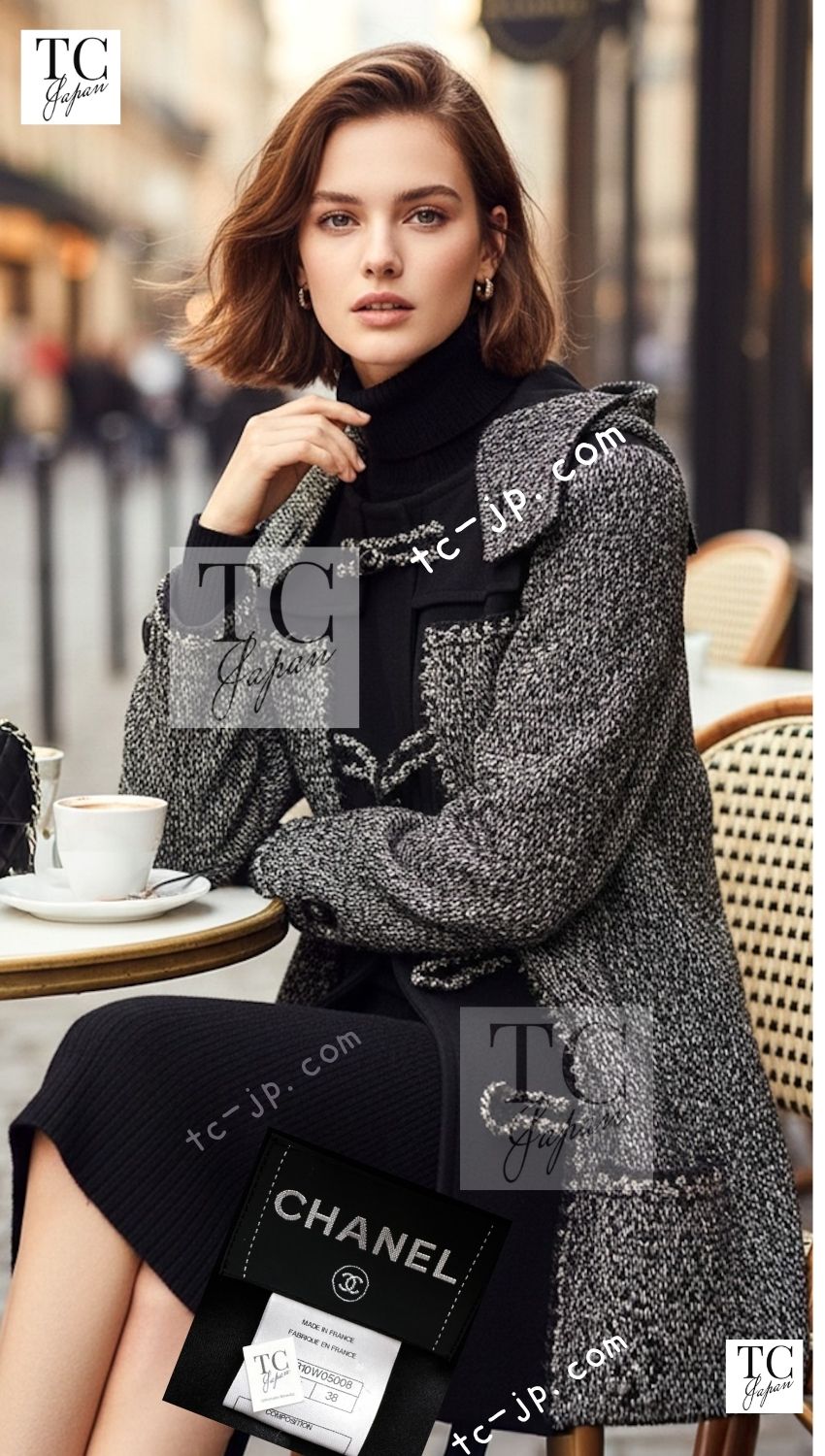 CHANEL 11A Black Gray Wool Hooded Duffle Tweed Coat 36 38 シャネル ブラック グレー ウール ダッフル フード ツイード コート 即発