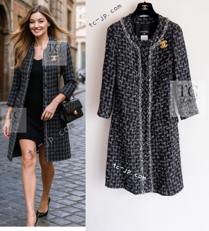 CHANEL 13B Black Gray Ivory Chain Trimming Tweed Coat Dress 36 シャネル ブラック グレー アイボリー チェーン トリミング ワンピース コート 即発