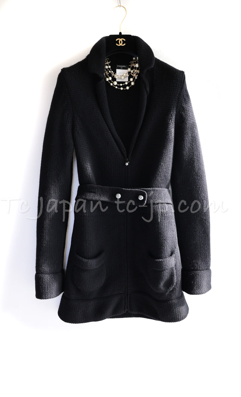 CHANEL 03A Black Cashmere Pearl Belt Knit Long Cardigan Jacket Coat 38 40 シャネル ブラック カシミア100% パールベルト ニット ロングカーディガン ジャケット コート 即発