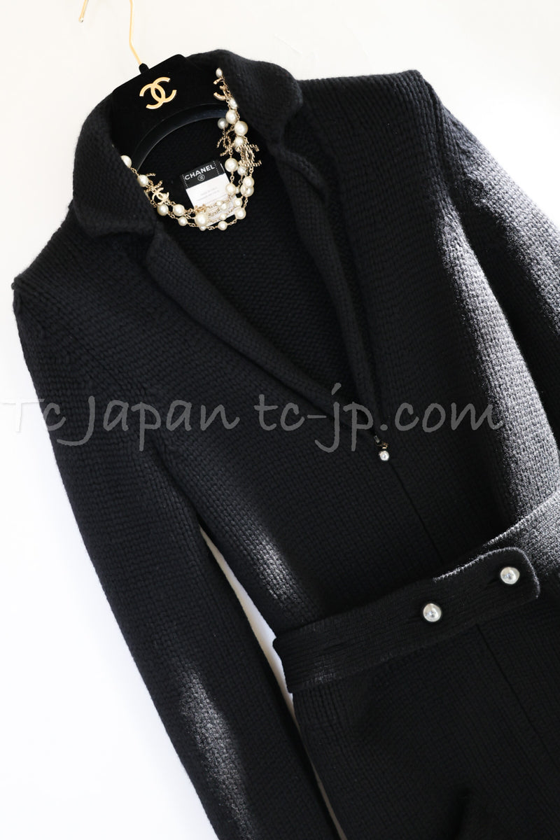 CHANEL 03A Black Cashmere Pearl Belt Knit Long Cardigan Jacket Coat 38 40 シャネル ブラック カシミア100% パールベルト ニット ロングカーディガン ジャケット コート 即発