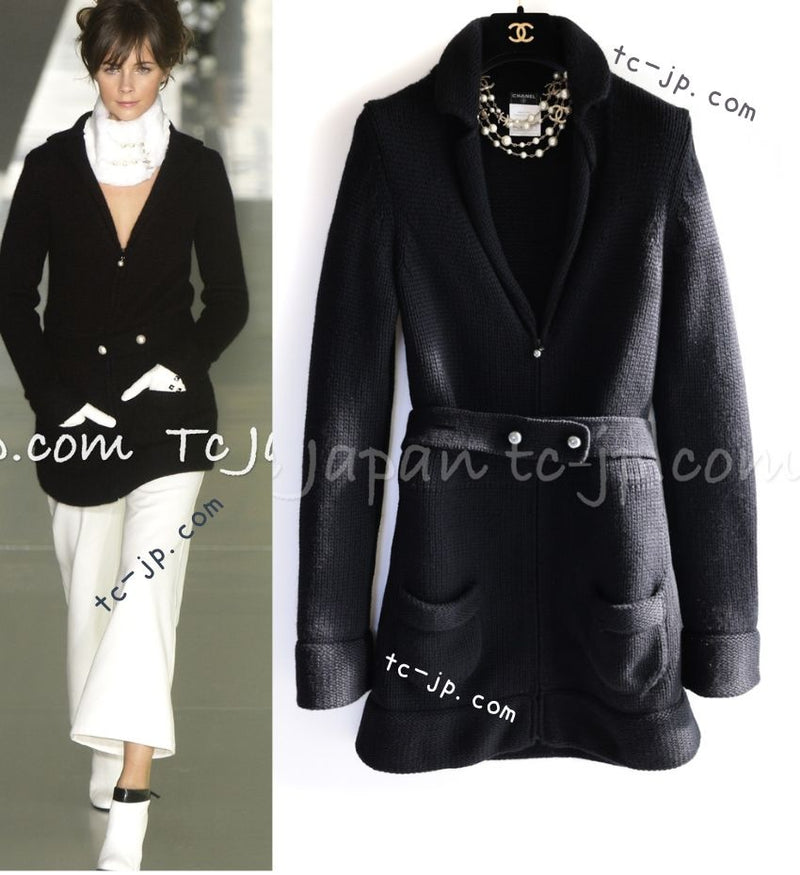 CHANEL 03A Black Cashmere Pearl Belt Knit Long Cardigan Jacket Coat 38 40 シャネル ブラック カシミア100% パールベルト ニット ロングカーディガン ジャケット コート 即発