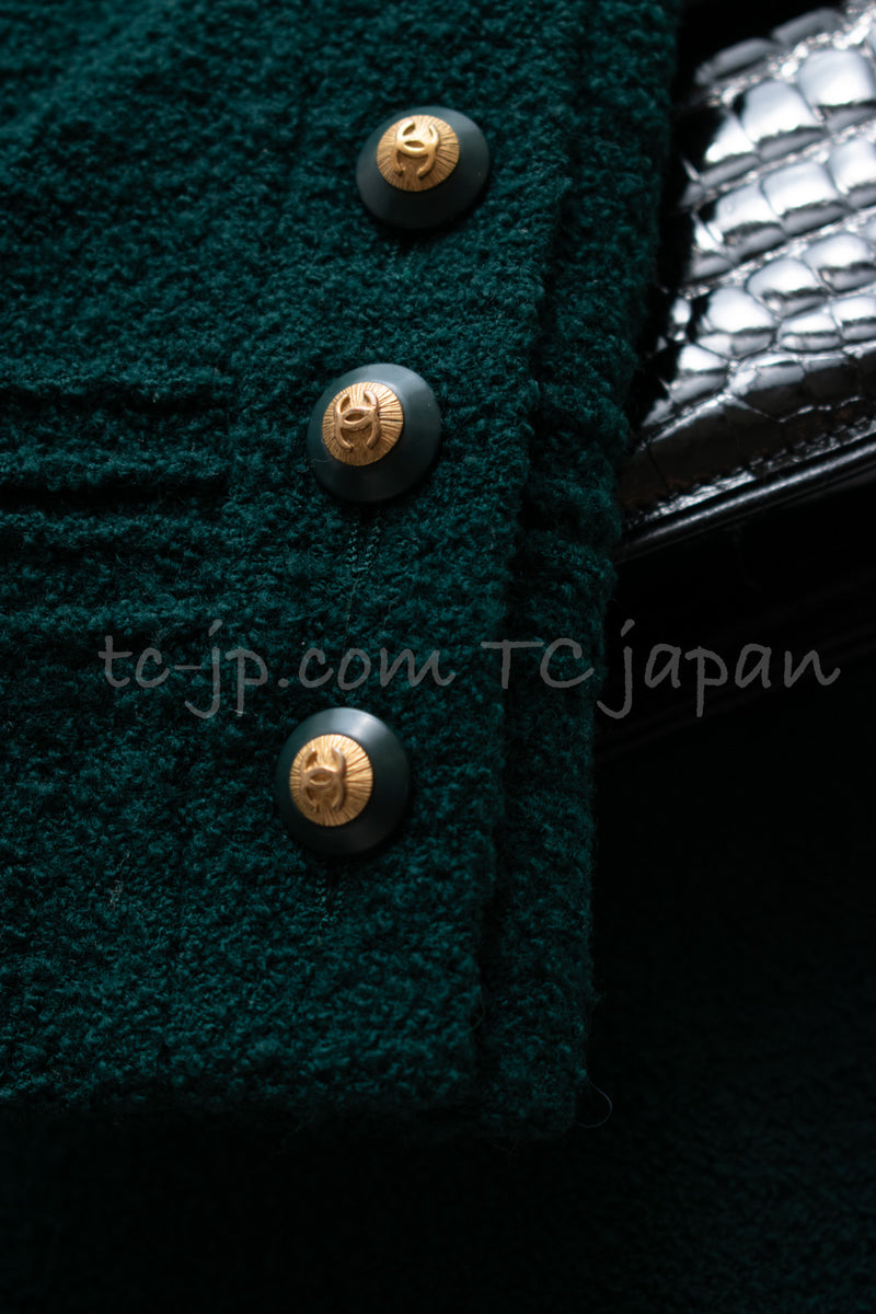 CHANEL 93A Vintage Dark Green Wool Boucle Tweed Dress Coat 34 シャネル ヴィンテージ ダーク グリーン ウール ブークレ ツイード ワンピース コート 即発