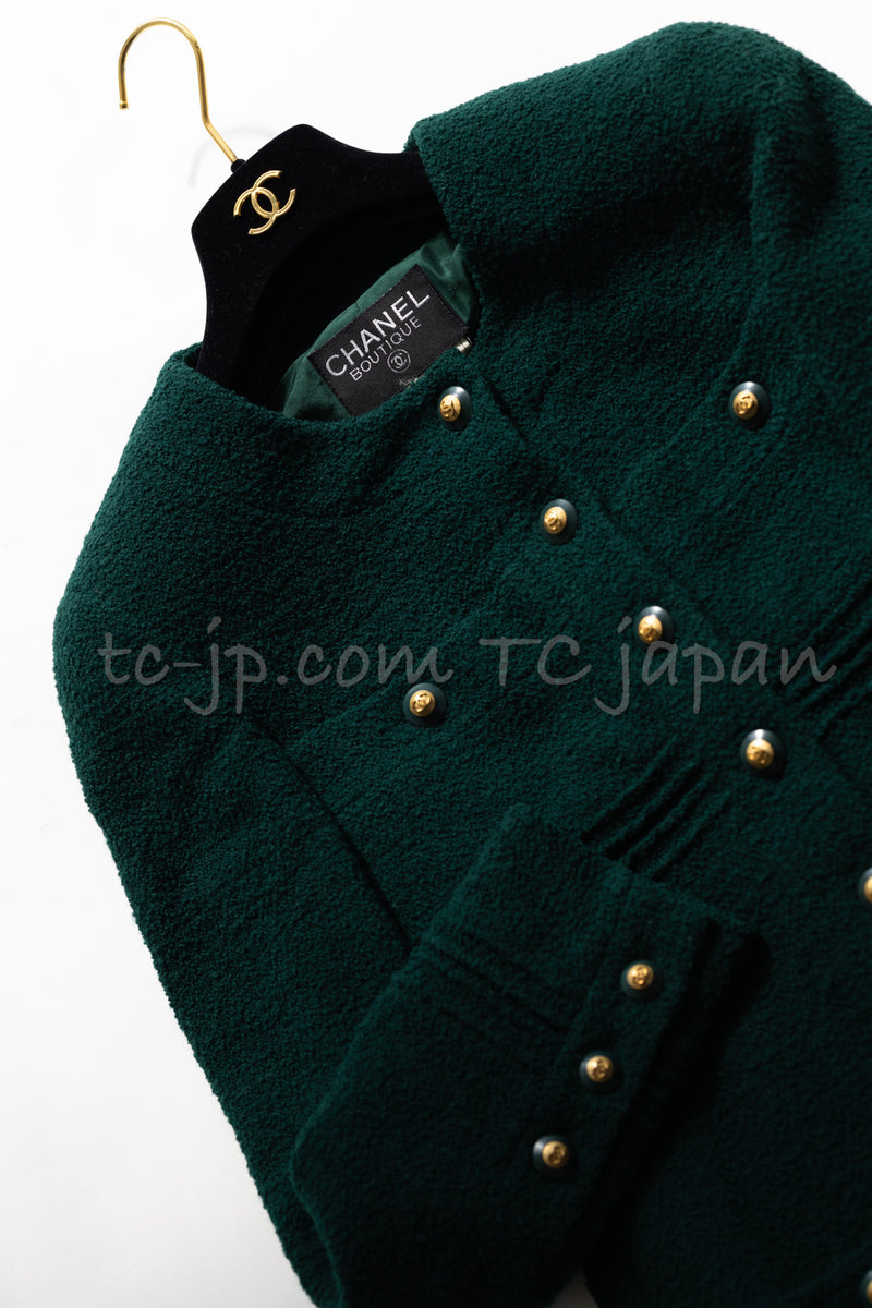 CHANEL 93A Vintage Dark Green Wool Boucle Tweed Dress Coat 34 シャネル ヴィンテージ ダーク グリーン ウール ブークレ ツイード ワンピース コート 即発