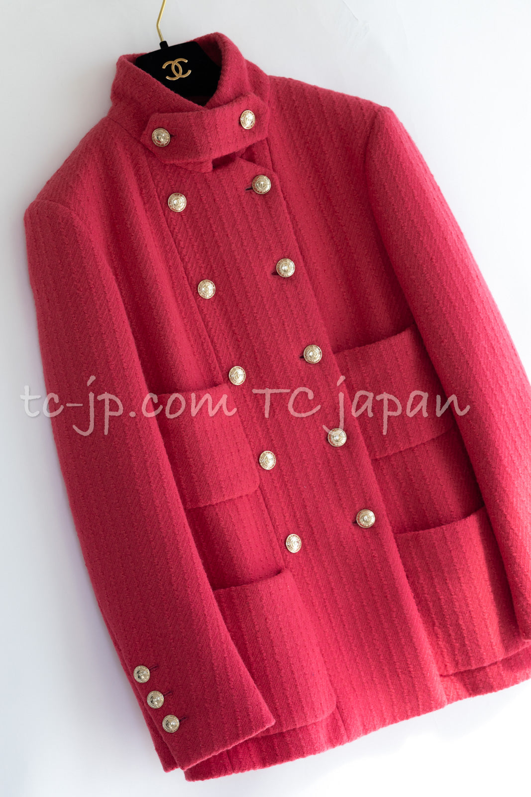 CHANEL 20A Coral Pink Wool Double Stand Collar Jacket Coat 38 40 シャネル コーラル ピンク ウール ダブル スタンド カラー コート ジャケット 即発