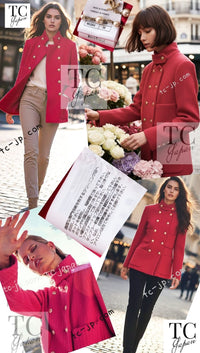 CHANEL 20A Coral Pink Wool Double Stand Collar Jacket Coat 38 40 シャネル コーラル ピンク ウール ダブル スタンド カラー コート ジャケット 即発