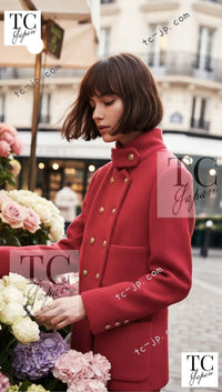 CHANEL 20A Coral Pink Wool Double Stand Collar Jacket Coat 38 40 シャネル コーラル ピンク ウール ダブル スタンド カラー コート ジャケット 即発