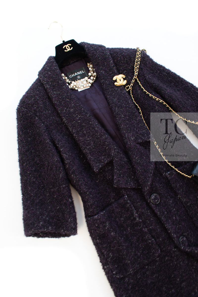 CHANEL 14A Bordeaux Wine Dark Purple Plum Alpaca Cotton Tweed Long Coat 36 38 シャネル ボルドーワイン ダークパープル アルパカ コットン ツイード ロング コート 即発