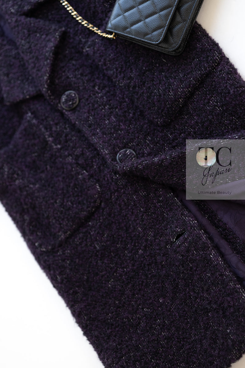 CHANEL 14A Bordeaux Wine Dark Purple Plum Alpaca Cotton Tweed Long Coat 36 38 シャネル ボルドーワイン ダークパープル アルパカ コットン ツイード ロング コート 即発