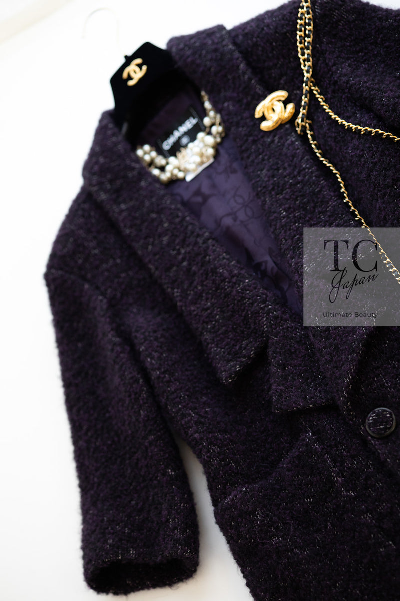 CHANEL 14A Bordeaux Wine Dark Purple Plum Alpaca Cotton Tweed Long Coat 36 38 シャネル ボルドーワイン ダークパープル アルパカ コットン ツイード ロング コート 即発