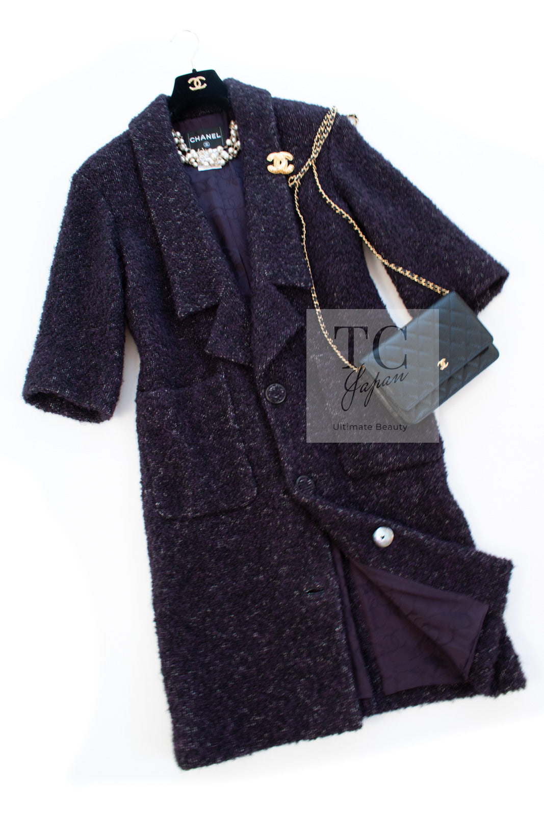 CHANEL 14A Bordeaux Wine Dark Purple Alpaca Cotton Tweed Long Coat 36 38 シャネル ボルドーワイン ダークパープル アルパカ コットン ツイード ロング コート 即発