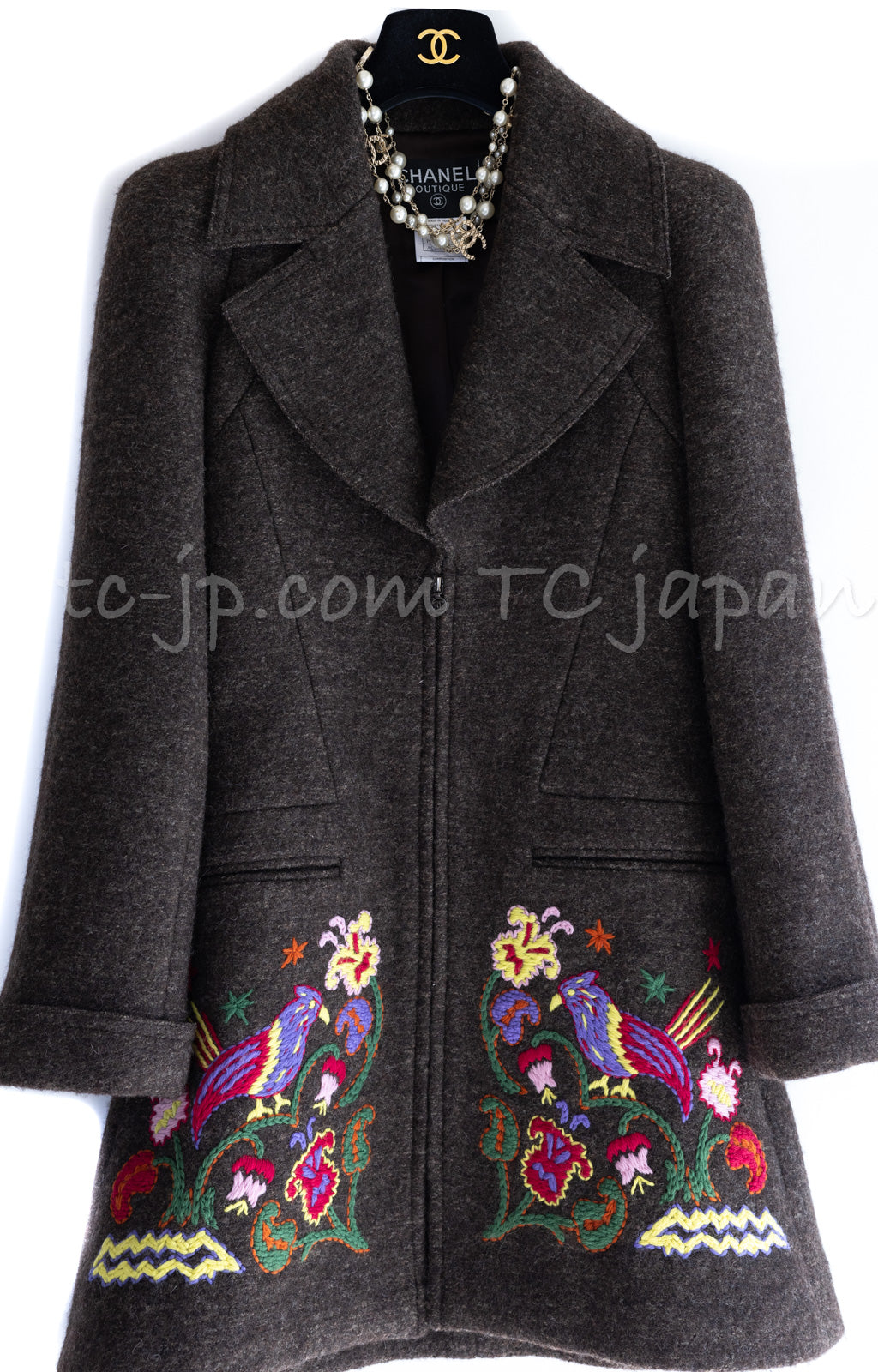 CHANEL 97A Vintage Brown Bird Flower Zipper Wool Tweed Coat 34 15