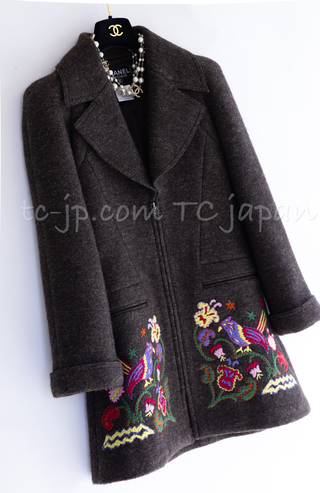 CHANEL 97A Vintage Brown Bird Flower Zipper Wool Tweed Coat 34 3