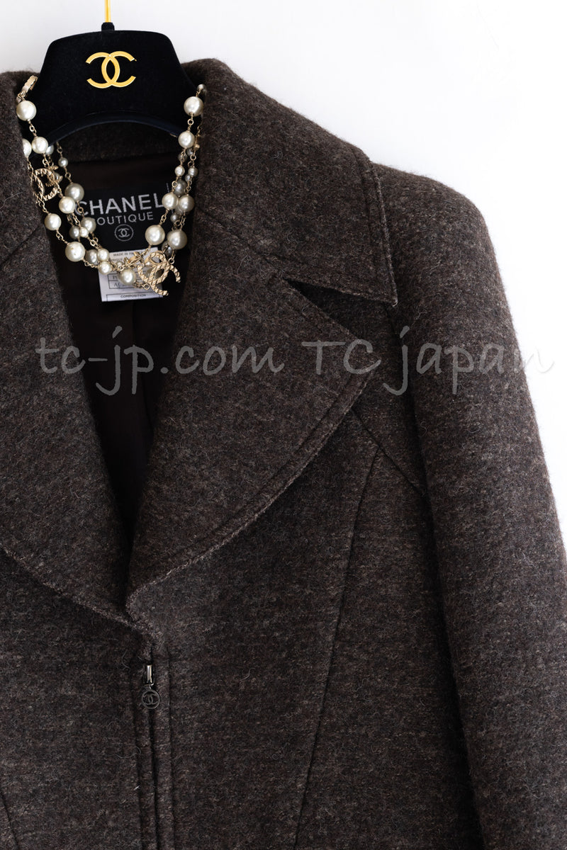CHANEL 97A Vintage Brown Bird Flower Zipper Wool Tweed Coat 34 シャネル ヴィンテージ ブラウン 鳥花刺繍 ジッパー ウール ツイード コート 即発