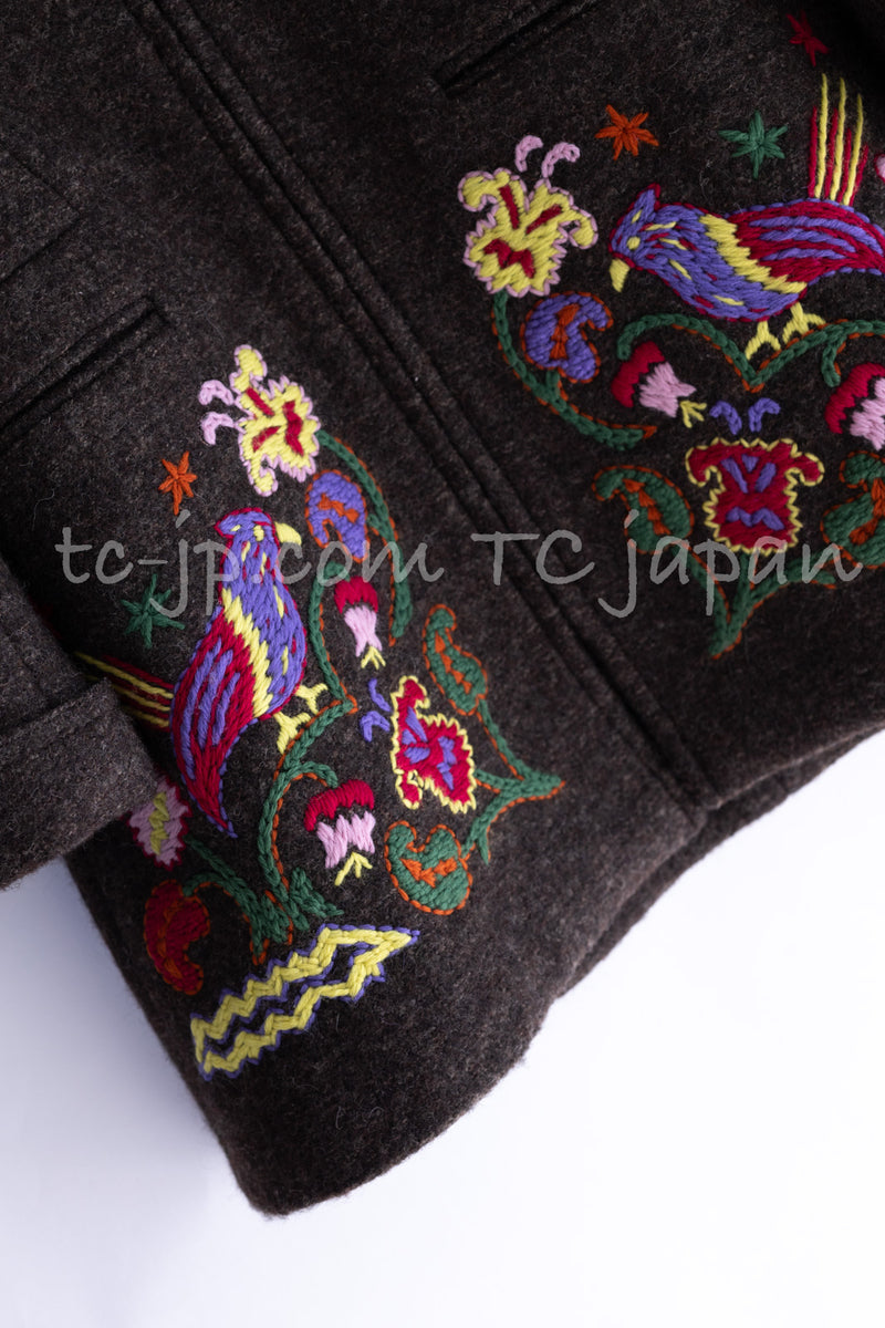 CHANEL 97A Vintage Brown Bird Flower Zipper Wool Tweed Coat 34 シャネル ヴィンテージ ブラウン 鳥花刺繍 ジッパー ウール ツイード コート 即発