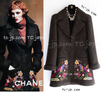 CHANEL 97A Vintage Brown Bird Flower Zipper Wool Tweed Coat 34 1