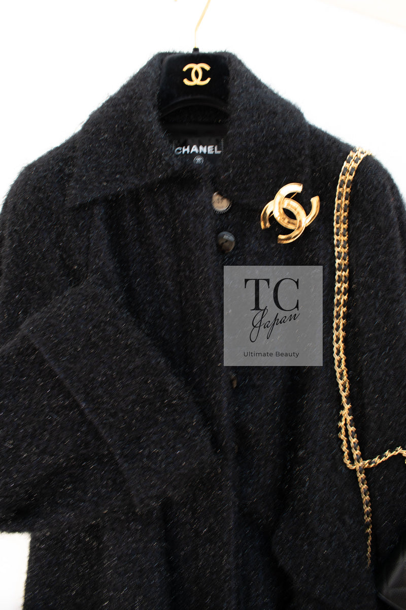 CHANEL 16A Black Metallic Fur Long Tweed Coat 38 40 シャネル ブラック メタリック ファー ロング ツイード コート 即発