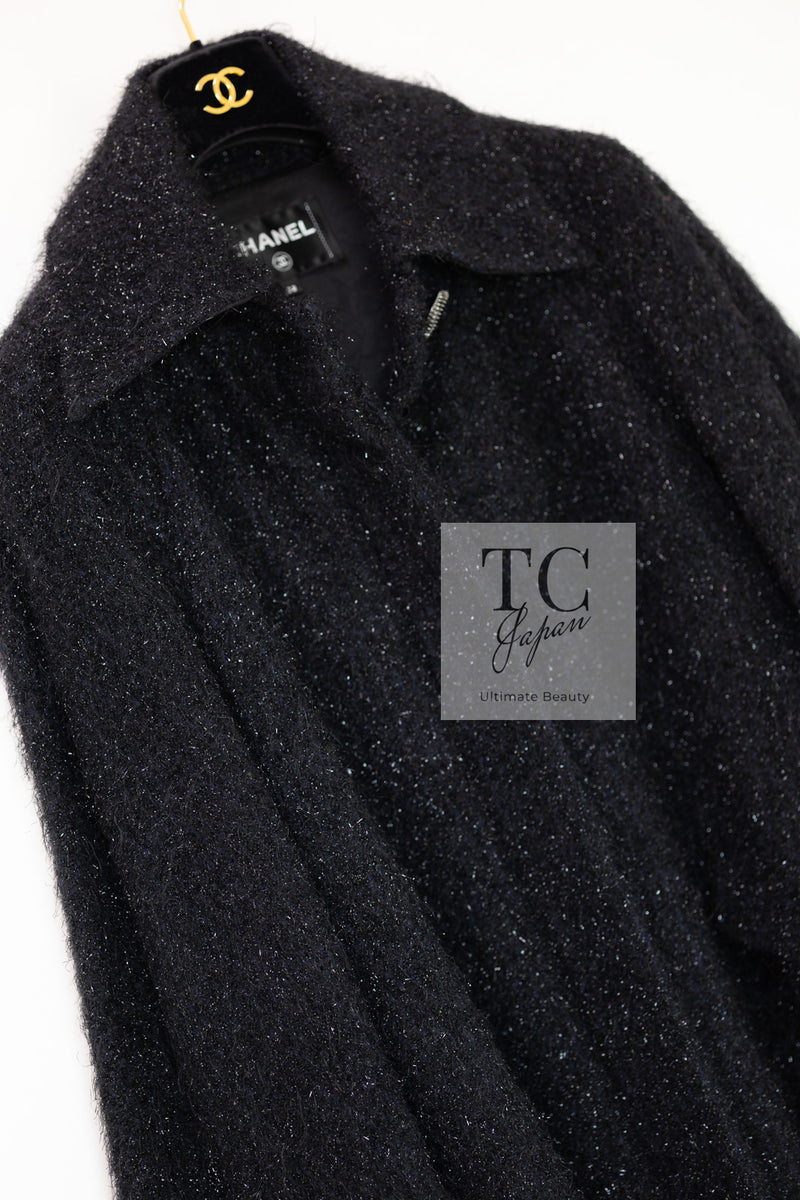 CHANEL 16A Black Metallic Fur Long Tweed Coat 38 40 シャネル ブラック メタリック ファー ロング ツイード コート 即発