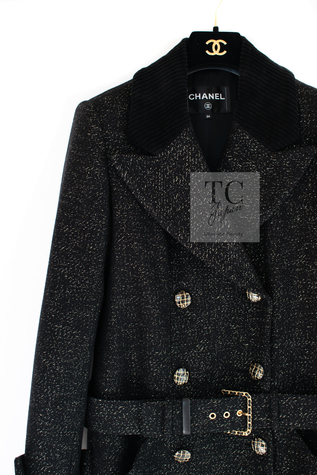 CHANEL 19PF Black Gold Belt Wool Coat 34 36 シャネル ブラック ゴールド ベルト付き ウール コート 即発