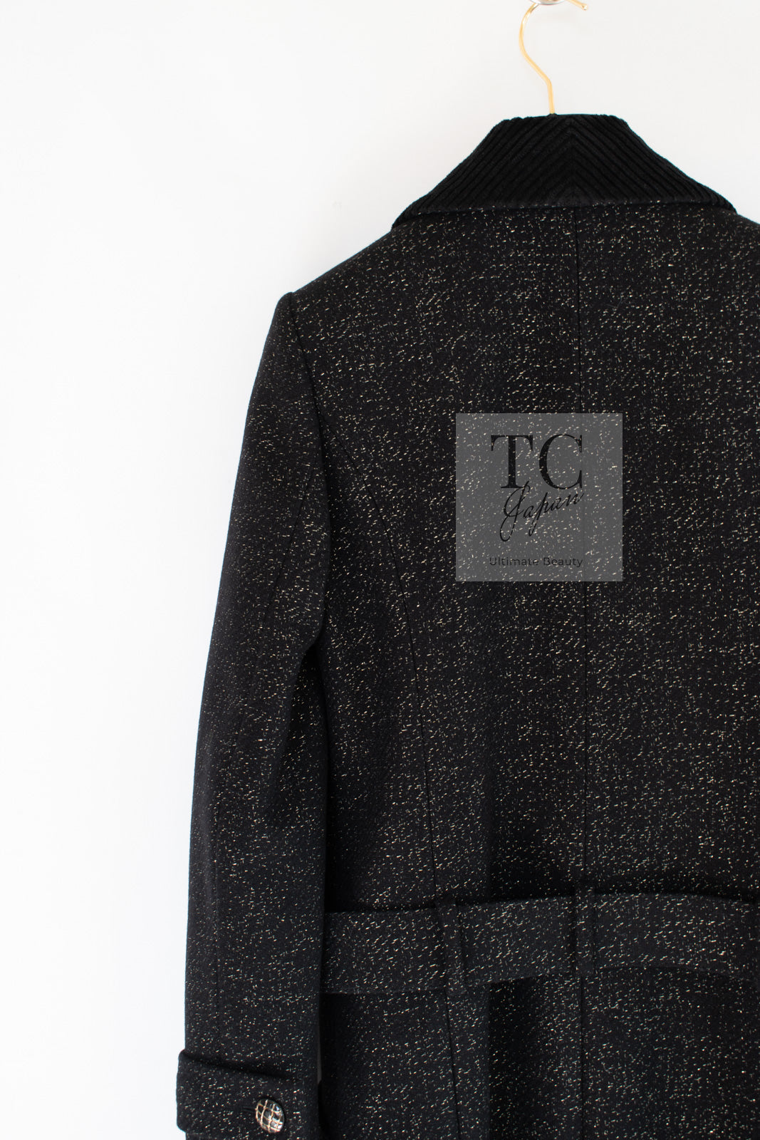 シャネル コート CHANEL ブラック ゴールド ベルト付き ウール