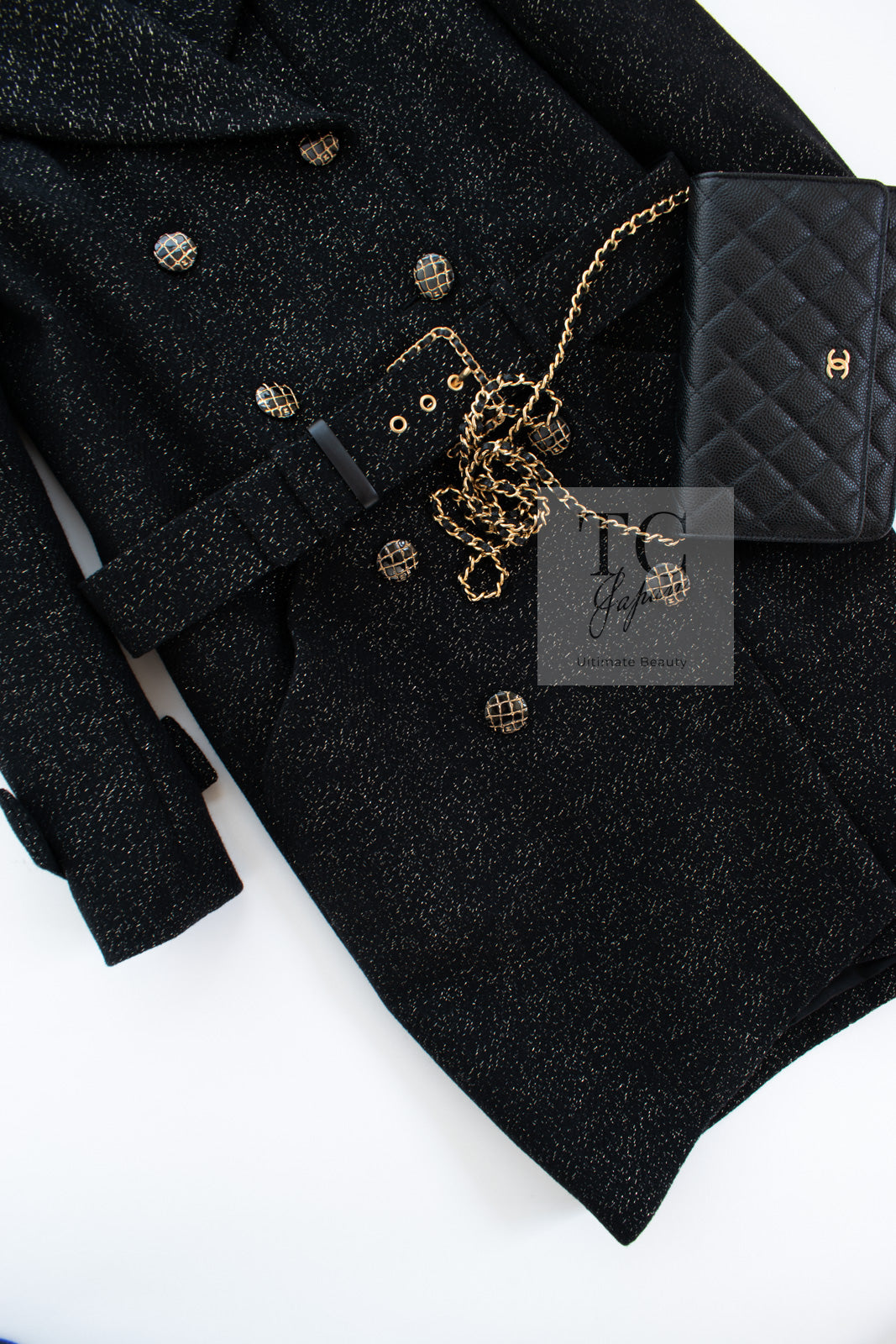 シャネル コート CHANEL ブラック ゴールド ベルト付き ウール