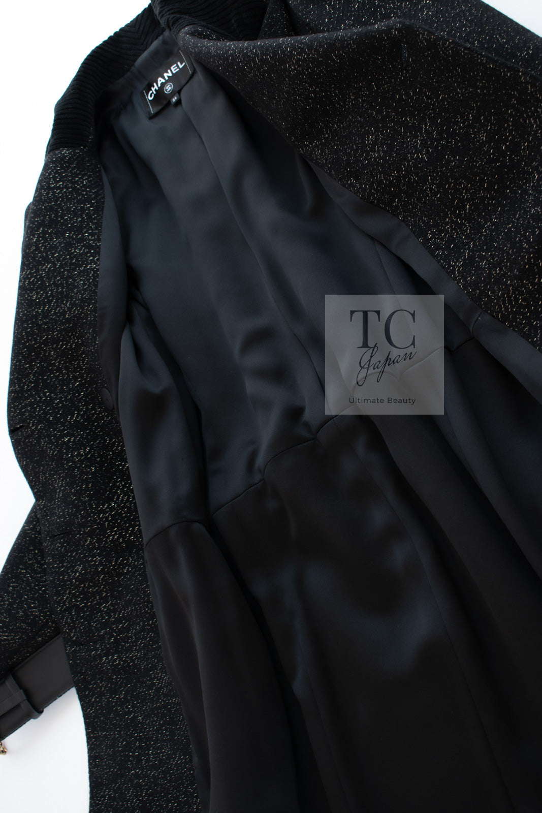 シャネル コート CHANEL ブラック ゴールド ベルト付き ウール