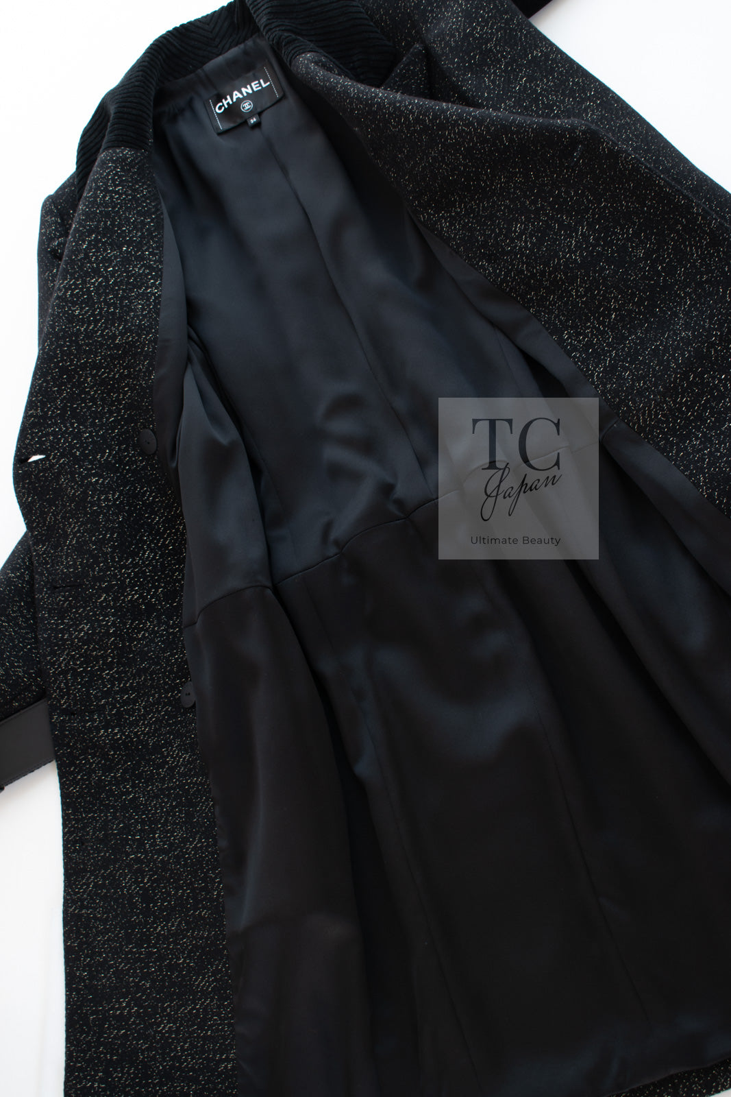 シャネル コート CHANEL ブラック ゴールド ベルト付き ウール