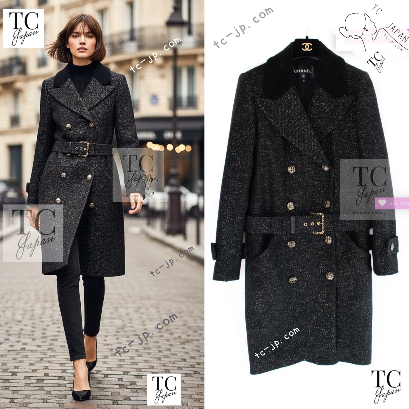 シャネル コート CHANEL ブラック ゴールド ベルト付き ウール 19PF