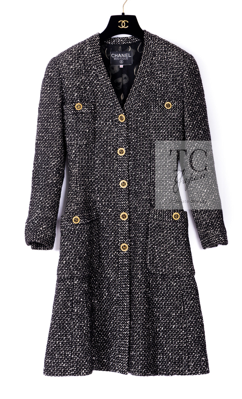 CHANEL 93A Vintage Black Ivory CC Gold Button Cotton Wool Coat 34 3