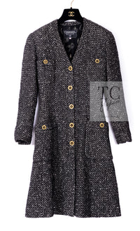 CHANEL 93A Vintage Black Ivory CC Gold Button Cotton Wool Coat 34 シャネル ヴィンテージ ブラック アイボリー ゴールド ココボタン コットン ウール コート 即発