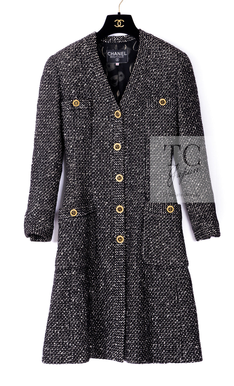 CHANEL 93A Vintage Black Ivory CC Gold Button Cotton Wool Coat 34 シャネル ヴィンテージ ブラック アイボリー ゴールド ココボタン コットン ウール コート 即発