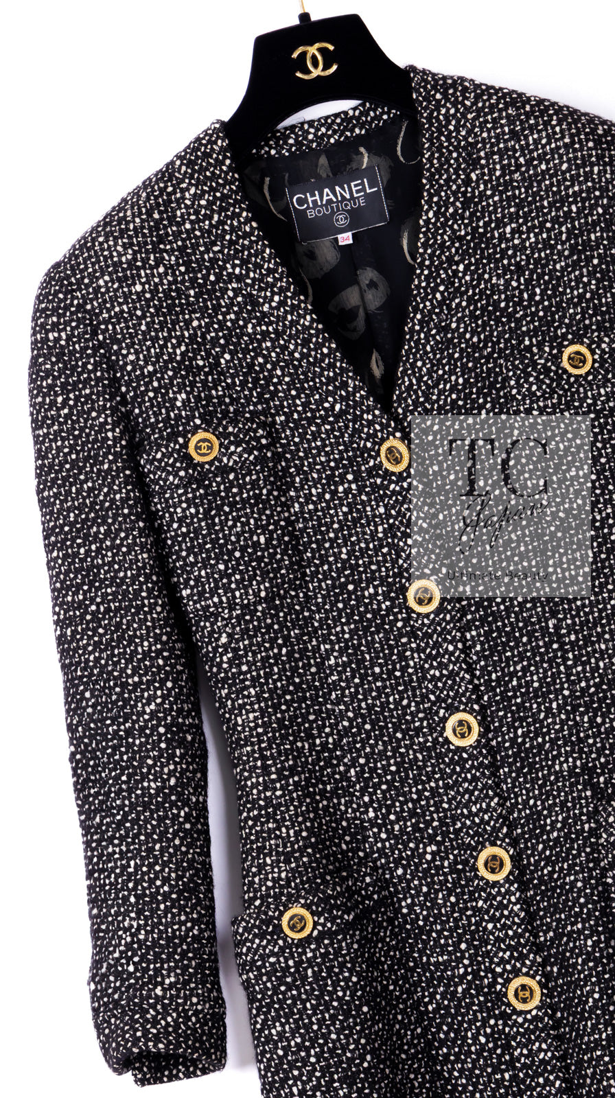 CHANEL 93A Vintage Black Ivory CC Gold Button Cotton Wool Coat 34 シャネル ヴィンテージ ブラック アイボリー ゴールド ココボタン コットン ウール コート 即発
