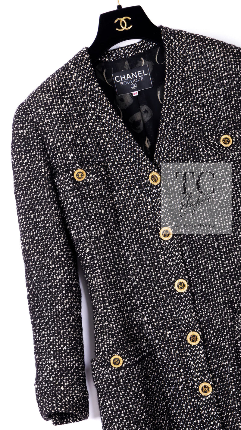 CHANEL 93A Vintage Black Ivory CC Gold Button Cotton Wool Coat 34 シャネル ヴィンテージ ブラック アイボリー ゴールド ココボタン コットン ウール コート 即発