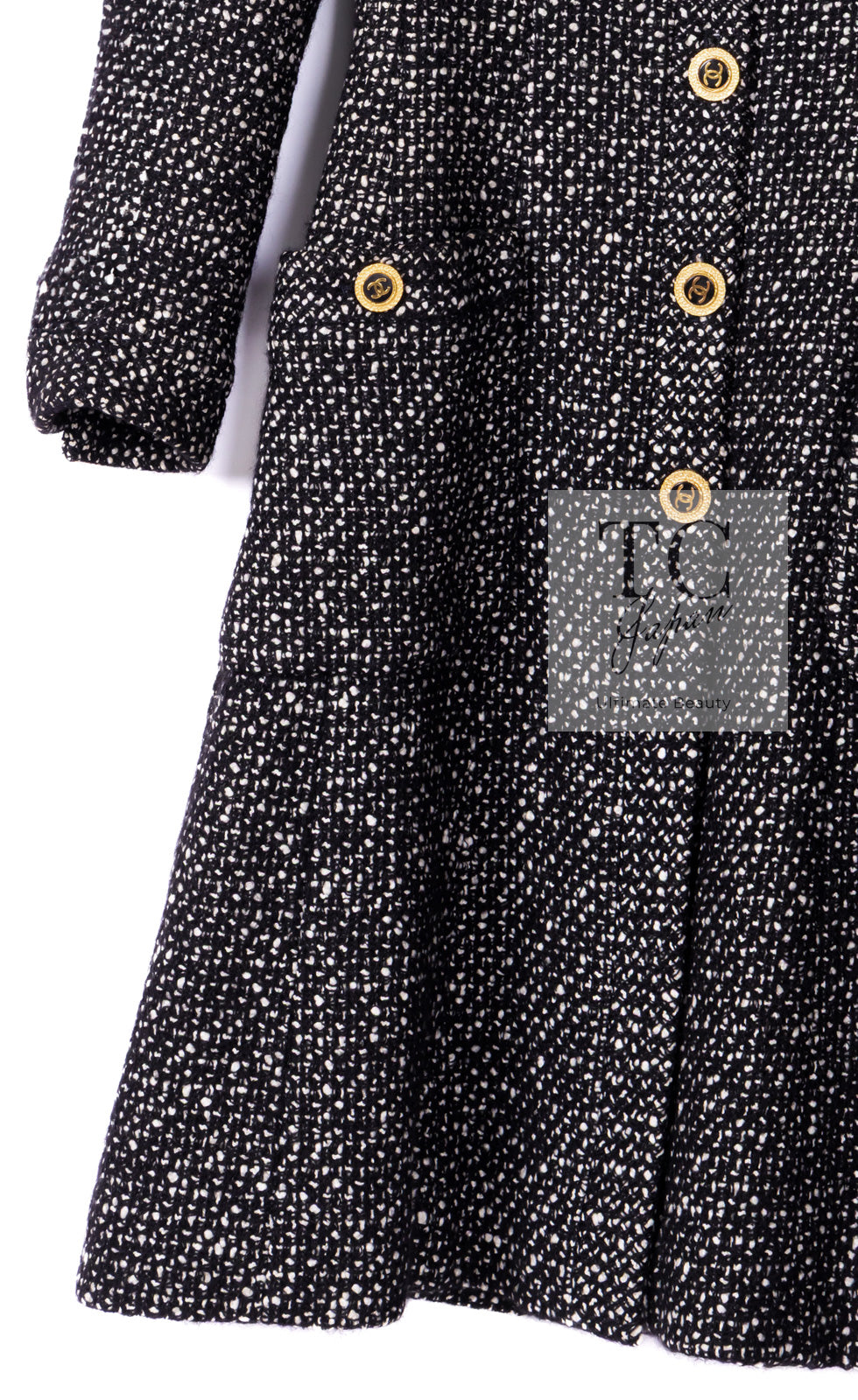 CHANEL 93A Vintage Black Ivory CC Gold Button Cotton Wool Coat 34 シャネル ヴィンテージ ブラック アイボリー ゴールド ココボタン コットン ウール コート 即発