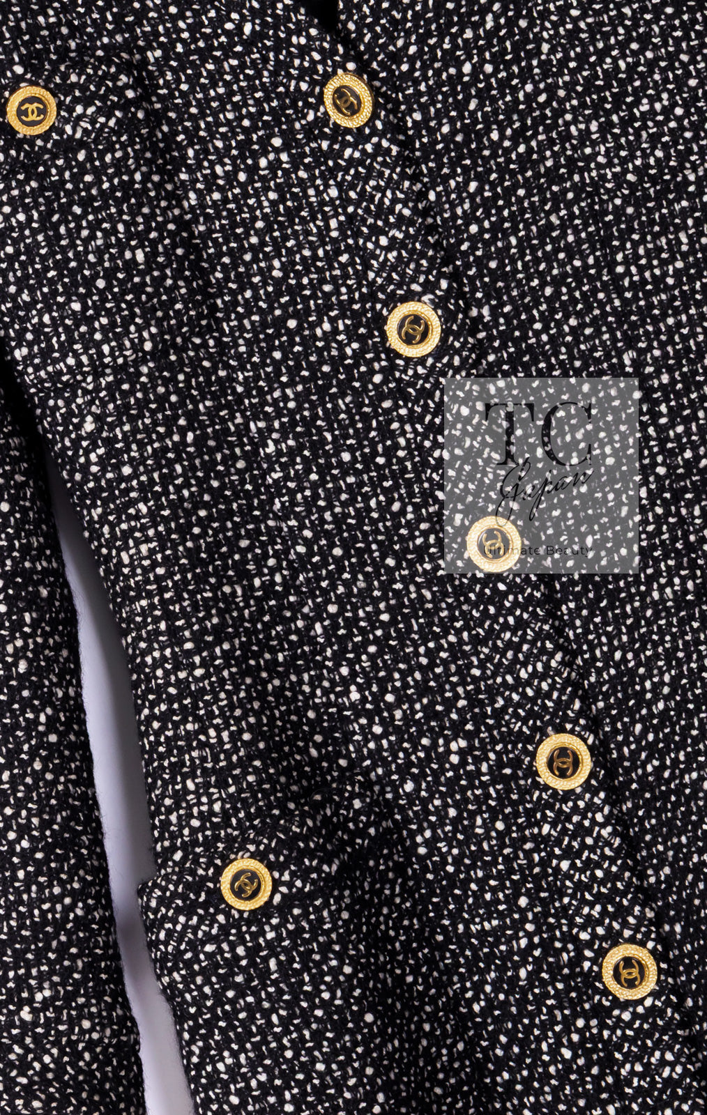 CHANEL 93A Vintage Black Ivory CC Gold Button Cotton Wool Coat 34 シャネル ヴィンテージ ブラック アイボリー ゴールド ココボタン コットン ウール コート 即発
