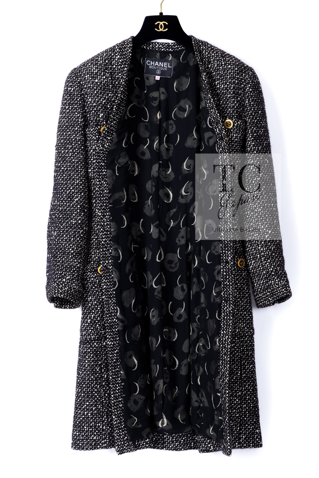 CHANEL 93A Vintage Black Ivory CC Gold Button Cotton Wool Coat 34 シャネル ヴィンテージ ブラック アイボリー ゴールド ココボタン コットン ウール コート 即発
