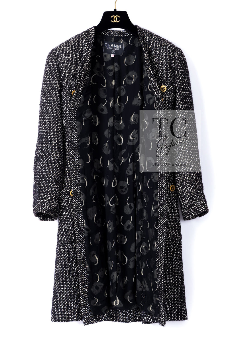 CHANEL 93A Vintage Black Ivory CC Gold Button Cotton Wool Coat 34 シャネル ヴィンテージ ブラック アイボリー ゴールド ココボタン コットン ウール コート 即発