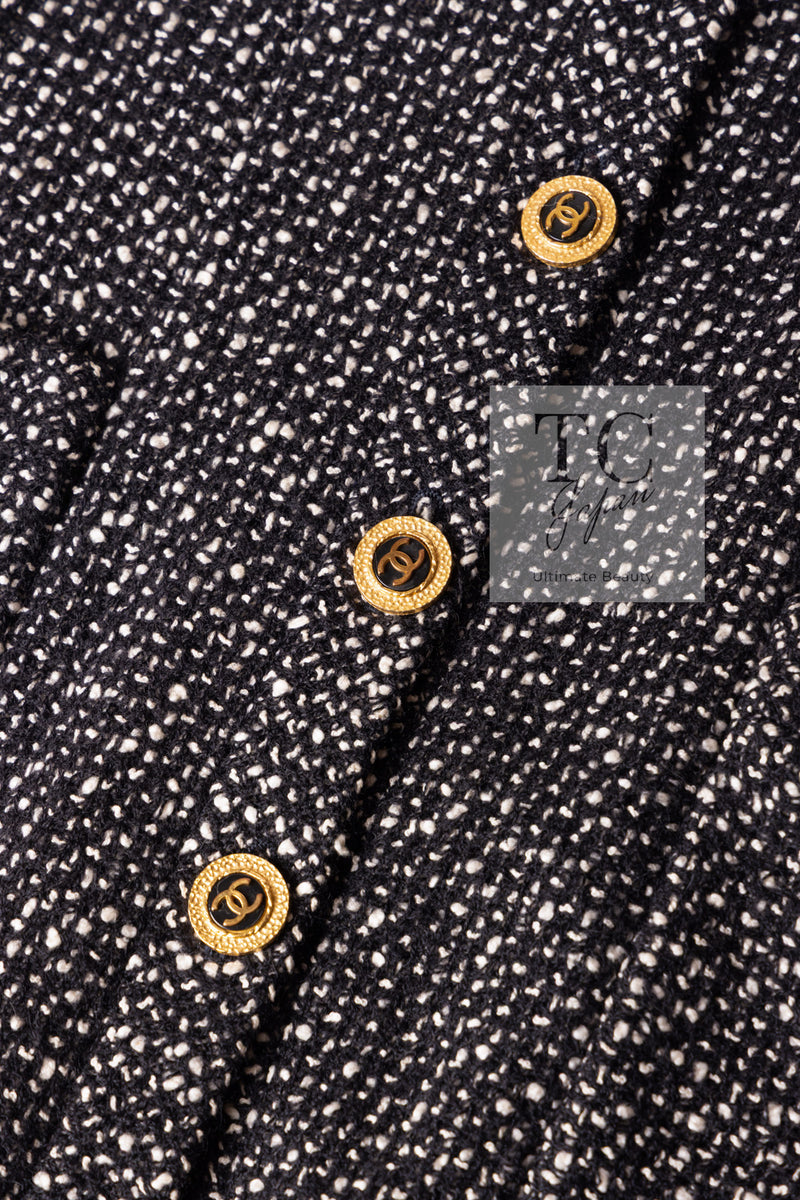 CHANEL 93A Vintage Black Ivory CC Gold Button Cotton Wool Coat 34 シャネル ヴィンテージ ブラック アイボリー ゴールド ココボタン コットン ウール コート 即発